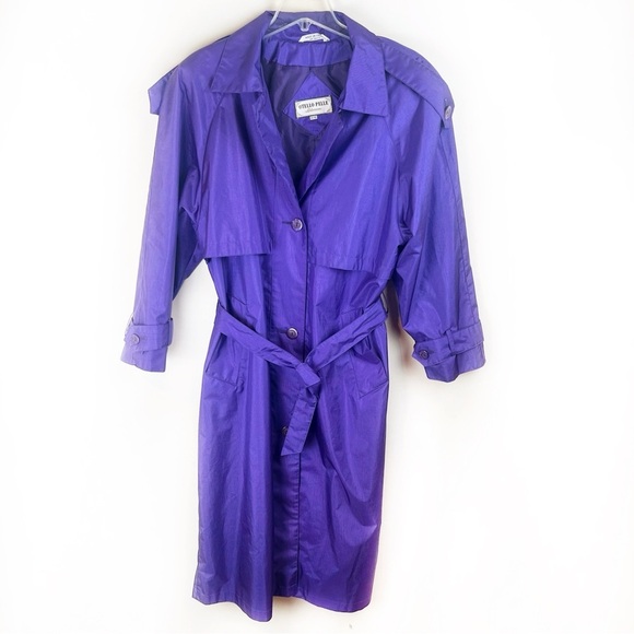 Vintage 80s Deep Purple Iridescent Long Trench Coat Rain Jacket 16 Metallic - Picture 14 of 15